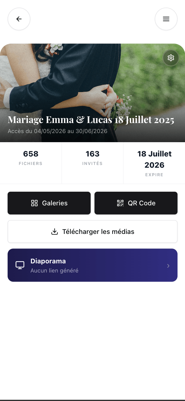 Aperçu de l'application Horyline — page événement mariage
